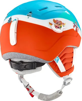 A child's ski helmet with a colorful design.