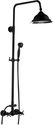 A black shower system with a rainfall showerhead and a handheld showerhead, mounted on a white background.