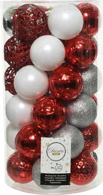 Produktbild von Weihnachtskugeln Kunststoff Ornamente 6cm 37er Set - Rot / Weiß / Silber