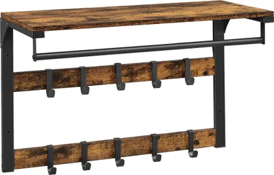 A wall-mounted shelf with a hanging rod and two rows of hooks.