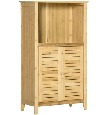 Produktbild von Badezimmerschrank Badschrank Standregal mit 2 Lamellentüren, offenem Regal,Aufbewahrungsschrank Schrank für Badezimmer, Wohnzimmer