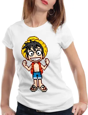 Produktbild von style3 Pixel Luffy Damen T-Shirt piece strohhut pirat one, Farbe:Weiß, Größe:M