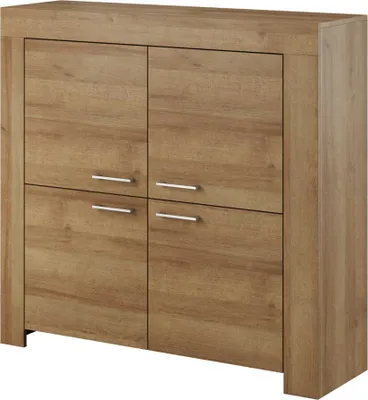 A front view of a wooden cabinet with four doors and silver handles, set against a white background.