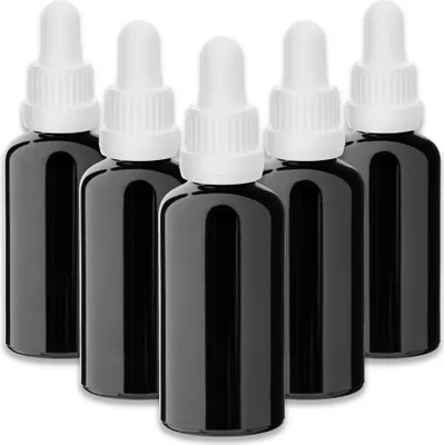 Produktbild von 5x Glasflasche schwarz 50 ml mit weißer Pipette leer zum Befüllen Set