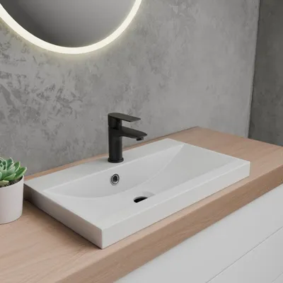 Produktbild von MIT ARMATUR Lindbergh® "Formano + Black Edition" Waschbecken, Aufsatzwaschbecken aus hochwertigem Mineralguss, Weiß, 60 x 35, Rechteckig, Badezimmer