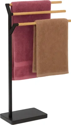 Produktbild von Relaxdays Handtuchständer, HBT: 75 x 38,5 x 18 cm, Metall, Bambus, 3 Stangen, Handtuchhalter stehend, Bad, schwarz/natur