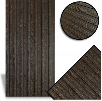 A product image of dark brown and black wall panels with a ribbed texture, shown in a large format and two close-up views.