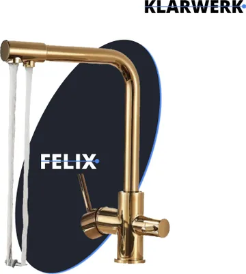 Produktbild von Felix | 3 Wege Premium Gold glänzend Trinkwasser Armatur | Edelstahl Osmose Wasserhahn Küche |Mischbatterie - 360 Grad | Filter 3 Anschlüsse