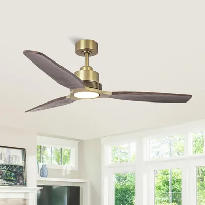 Image de Ventilateur de plafond Parrot Uncle de 142 cm en laiton brossé, avec pales en bois, moteur DC réversible, 6 vitesses et lumière réglable