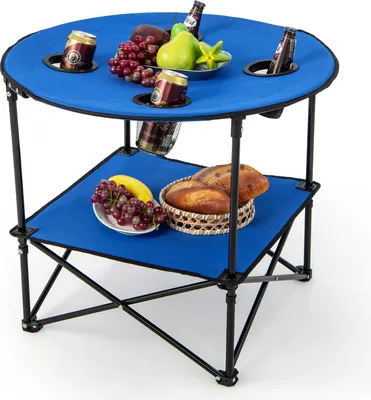 Produktbild von GOPLUS Campingtisch klappbar, Ø72cm Picknicktisch Strandtisch rund mit 4 Becherhaltern & Tragetasche, Klapptisch leicht tragbar, Blau