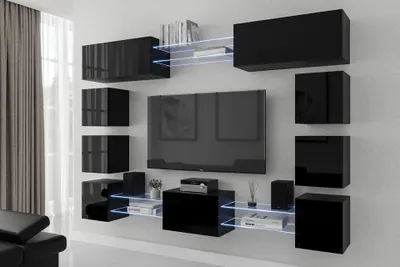 Immagine prodotto di Parete attrezzata Furnitech per il soggiorno | mobili per il soggiorno con LED RGB - 16 colori | parete attrezzata moderna | parete attrezzata per il soggiorno con mensole e mobile TV (Future C80N-21B-HG1)
