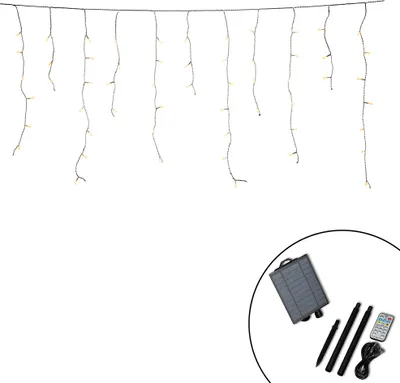 A string of LED lights hanging down, with a solar panel and remote control shown in a circular inset at the bottom right.