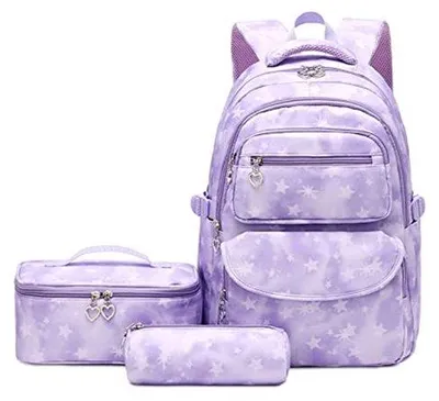 Produktbild von Schulranzen für Mädchen 3-teilig mit Lunchtasche, atmungsaktives leichtes Schulgepäck für Teenagermädchen Gruppe 3-9, 22 Liter Schulranze für Reisen, Lila
