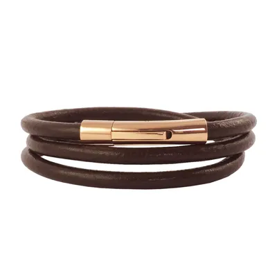 Imagen del producto de Cadena de cuero, correa de cuero de 6 mm, collar para hombre, color marrón, longitud de 17 a 100 cm, con cierre de presión en color rosa dorado, longitud: 65 centímetros