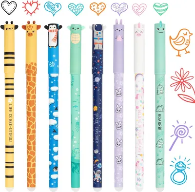Produktbild von Radierbare Stifte – Set mit 8 Stück – Gelstifte – Mit Tier-Motiven – 0,5 mm Spitze