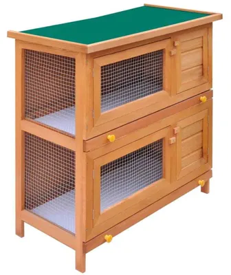 Image de Cage à lapins en bois avec 4 portes. Cage pour lapins, cage pour petits animaux, idéale pour le jardin, avec une zone d'exercice et une rampe pour rongeurs et lapins. Finition en laiton