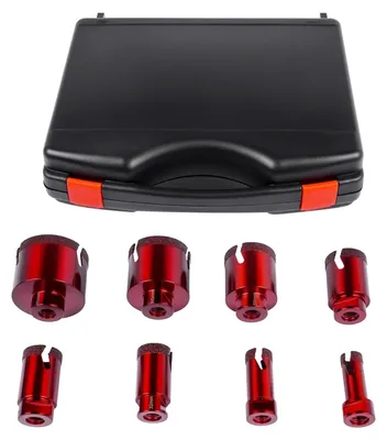 Produktbild von Diamant Fliesenbohrer Set - M14 Bohrkronen - 8 Größen 20–68 mm - Für Fliesen und Feinsteinzeug - Trockenbohren mit Winkelschleifer - Inkl. Diamantscheibe