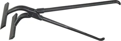 A pair of black metal tongs with curved jaws and flat ends, presented against a white background.