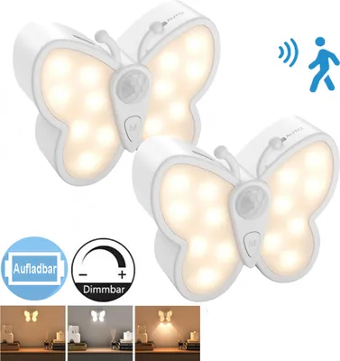 A collage of butterfly-shaped night lights with motion sensors, showing different lighting modes and features.