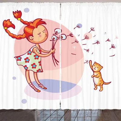 Produktbild von ARANDE Löwenzahn Gardine, Mädchen, das einen Blowball durchbrennt und mit ihrer Katzen-Pastellfarbpunkt-Kinderkarikatur spielt, 280 x 175 cm, Mehrfarbig