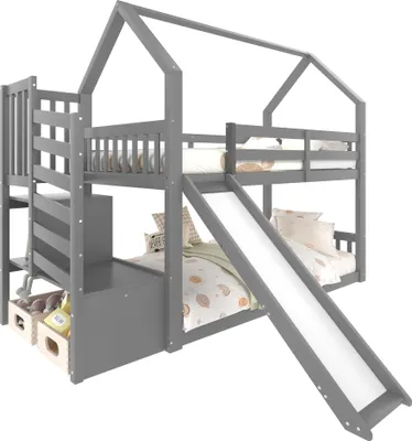Produktbild von Etagenbett mit 2 Schlafgelegenheiten, Rutsche, Lattenrost, Rausfallschutz, 90x200cm, Kinderbett, Kiefer
