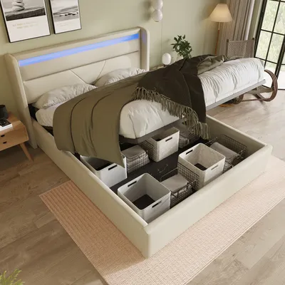 Produktbild von MODFU Boxspringbett 140x200cm Polstebett Doppelbett mit LED-Beleuchtung,Stauraumbett mit Bettkasten & t Lattenrost,Weiß (ohne Matratze)