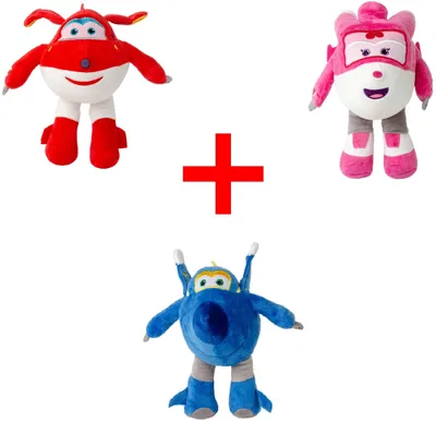 Three plush toys of characters from the Super Wings animated series are arranged in a plus sign formation against a white background.