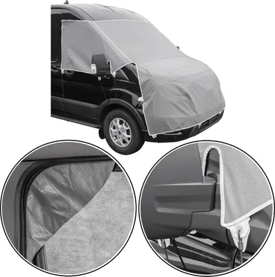 Produktbild von Abdeckplane für Wohnwagen kompatibel mit Ford Transit ab 2014 – Frontscheibenabdeckung UV-Schutz, isoliert - Privatsphäre, einfache Befestigung inkl. Spanngurte 160 g/m²