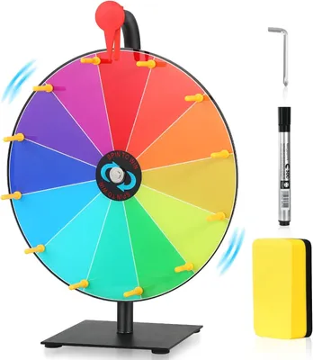 Produktbild von Drehendes Preisrad mit 30,5 cm, Glücksspiel mit Ständer, Tisch-Roulette-Rad mit trocken abwischbarem Marker und Radiergummi, 12 Steckplätze, farbiges Roulette-Rad für Roulette und Tombola