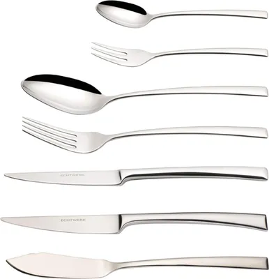 A collection of stainless steel cutlery arranged vertically against a white background.