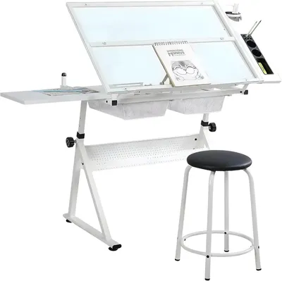 Produktbild von Verstellbarer Glastisch Zeichenbrett – Zeichentisch mit Neigungsfunktion, Hocker & Zubehör – Studio Zeichentisch – Weiß