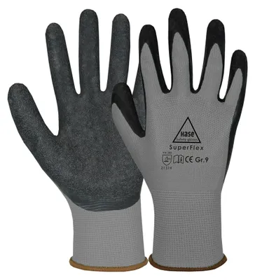 Produktbild von HASE SAFETY GLOVES Latex-Arbeitshandschuhe Superflex, EN 388, EN 420, Größe 8, grau/schwarz
