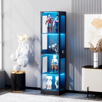 Image de Vitrine en verre avec espace de rangement, éclairage LED à capteur intelligent, couleur noire – Dimensions : 40 x 35 x 165 cm