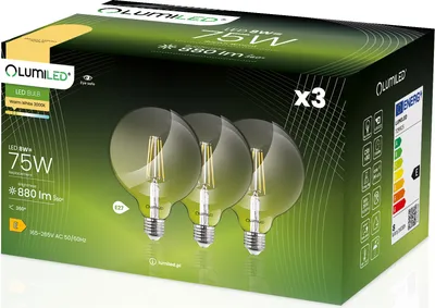 Zdjęcie produktu dla 3x Żarówka LED E27 Kula G95 8W = 75W 880lm 3000K Ciepła 360° FILAMENT LUMILED