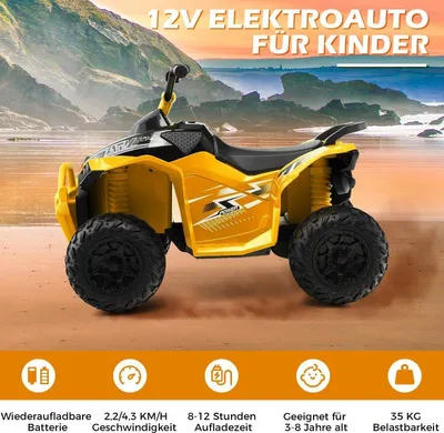 Produktbild von 12V Elektro Kinderquad mit 2,2/4,3 KM/H Geschwindigkeit & Hupe, Musik & LED-Leuchten Elektroquad-Gelb