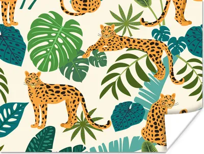 Produktbild von MuchoWow® Poster Dschungel - Leopard - Pflanzen - Muster - Mädchen - Jungen 80x60 cm - Kunst für zu Hause