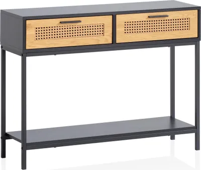 Produktbild von WOHNLING Konsolentisch Schwarz 100x30x75 cm Anrichte Flur Ablagetisch Schmal mit Wiener Geflecht Flurtisch mit Schubladen und Ablage Dielentisch Lang