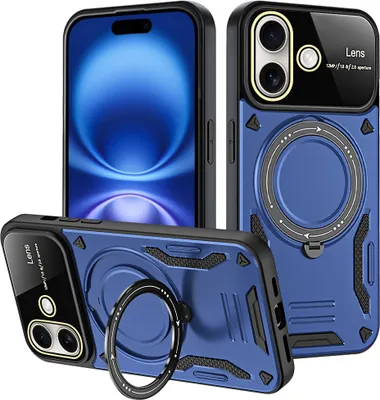 Produktbild von Rüstung Handyhülle für iPhone 16 Dual-Layer Magnetisches Ringhalter Ständer Magsafe Hülle Blau