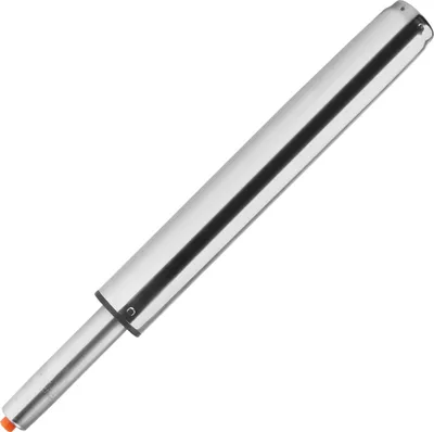 A silver gas spring with a black stripe and an orange tip, shown diagonally on a white background.