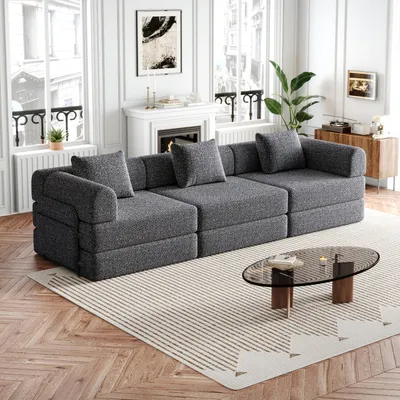 Image de OKWISH Canapé-Lit Modulable, Convertible 2 en 1 avec Rangement dans Accoudoir, Cadre Métal, Chenille Gris, 274 × 91,4 × 69,8 cm