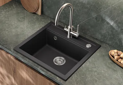 Produktbild von Helika® Granitspüle QUADRO 56 x 51 cm Schwarz inkl. Druckknopfventil und Siphon, Einbau