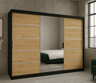 Zdjęcie produktu dla Szafa przesuwna RIO-3 180 cm, kolor Dąb Artisan/Czarny, z dużym lustrem, z drążkami, półkami, srebrne lub czarne listwy, prosty montaż