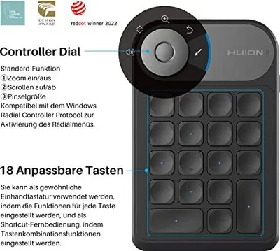 Produktbild von Huion Bluetooth 5.0 Keydial Mini K20, KD100 2.0 Wireless Tastatur -Dialcontroller + 18 benutzerdefinierte Tastatur -Stiftanzeige, tragbares Zeichnungs