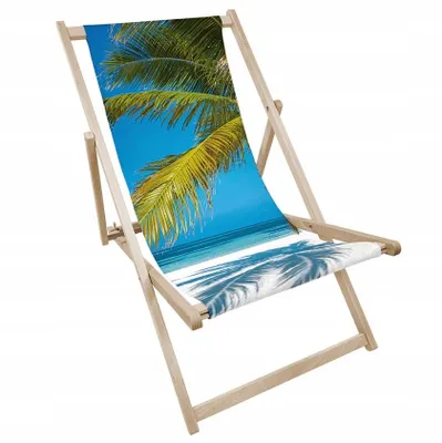 Produktbild von Liegestuhl klappbar aus Holz mit Palmen-Strand-Motiv – Klappstuhl Klappliege Sonnenstuhl Strandstuhl Gartenliege