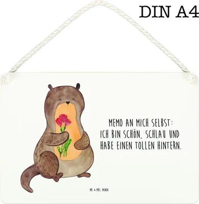 Produktbild von Mr. & Mrs. Panda wandtafel Otter Blumenstrauß DIN A4 - Weiß - Geschenk, Achtsamkeit, Schild, Holzschild, Selbstvertrauen, Selbstliebe, Süß, Türschild, Wandbild Holz