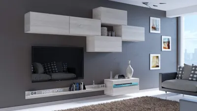 Immagine prodotto di Furnitech Parete attrezzata soggiorno - Mobili da soggiorno con LED RGB - 16 colori - Parete attrezzata moderna - Scaffali e mobile TV (Mindy AN68-19S-M3)