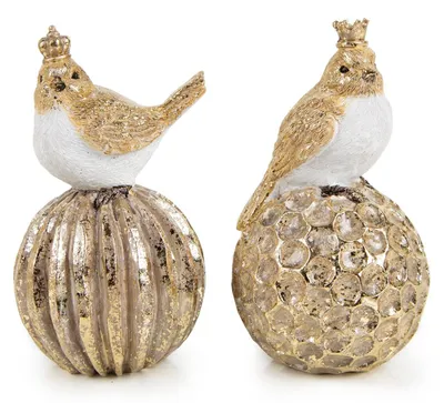 Produktbild von Edles Vogelpaar Deko Gold weiß mit Krone auf einer Kugel je 7 x 7 x 13 cm