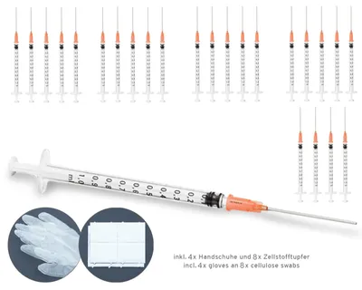 Immagine prodotto di 25 siringhe di ricarica da 1 ml con ago smussato, 4 guanti in vinile e 8 tamponi di cellulosa per liquidi Aromi Hobby, fai da te e ufficio