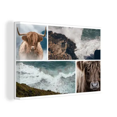 Zdjęcie produktu dla OneMillionCanvasses® - Obrazy na płótnie - 150x100 cm, Kolaż - Szkockie bydło górskie - Morze, Druk na ścianie Dekoracja ścienna