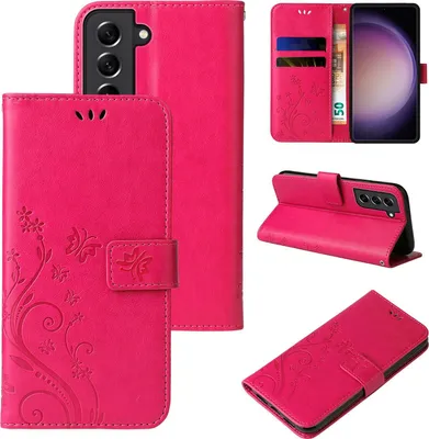 A collage of images showing a pink floral and butterfly patterned flip phone case for a Samsung Galaxy S23.